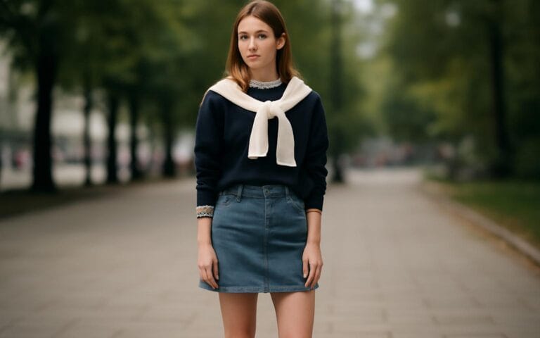 Stylizacje z jeansową spódniczką w sportowym stylu preppy