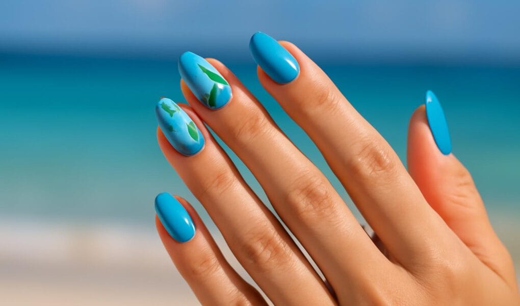Tropikalne niebieskie paznokcie na wakacje – inspiracje