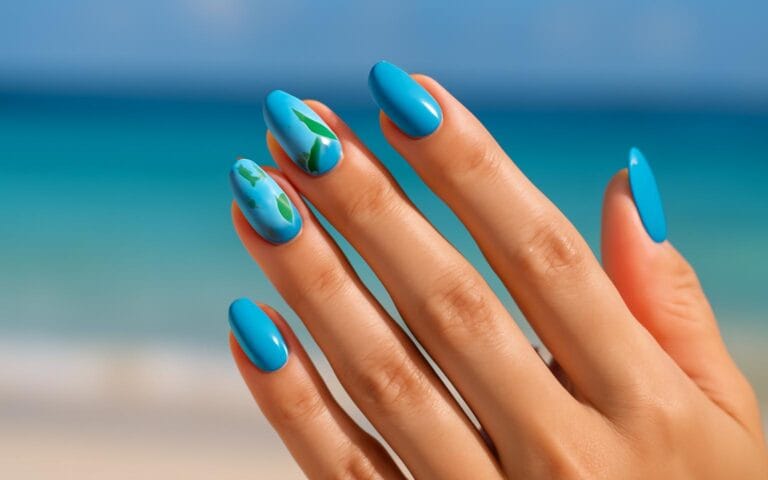 Tropikalne niebieskie paznokcie na wakacje – inspiracje